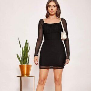 NWT WDIRARA Black Mesh Long Sleeve Square Neck Bodycon Mini Dress XS